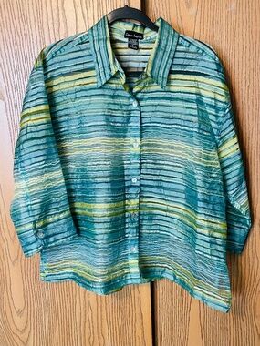 DANA TAYLOR XL SHEER BUTTON SHIRT AQUA GREEN & YELLOW STRIPED 3/4 SLEEVES